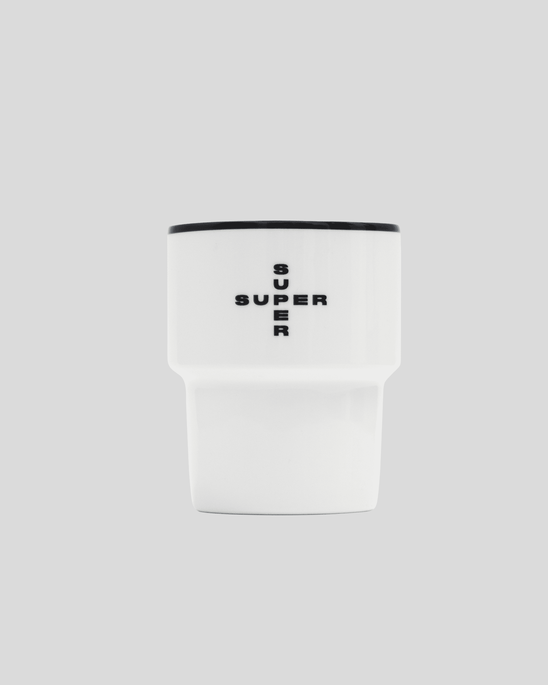 White ceramic mug with black Super Super cross logo design