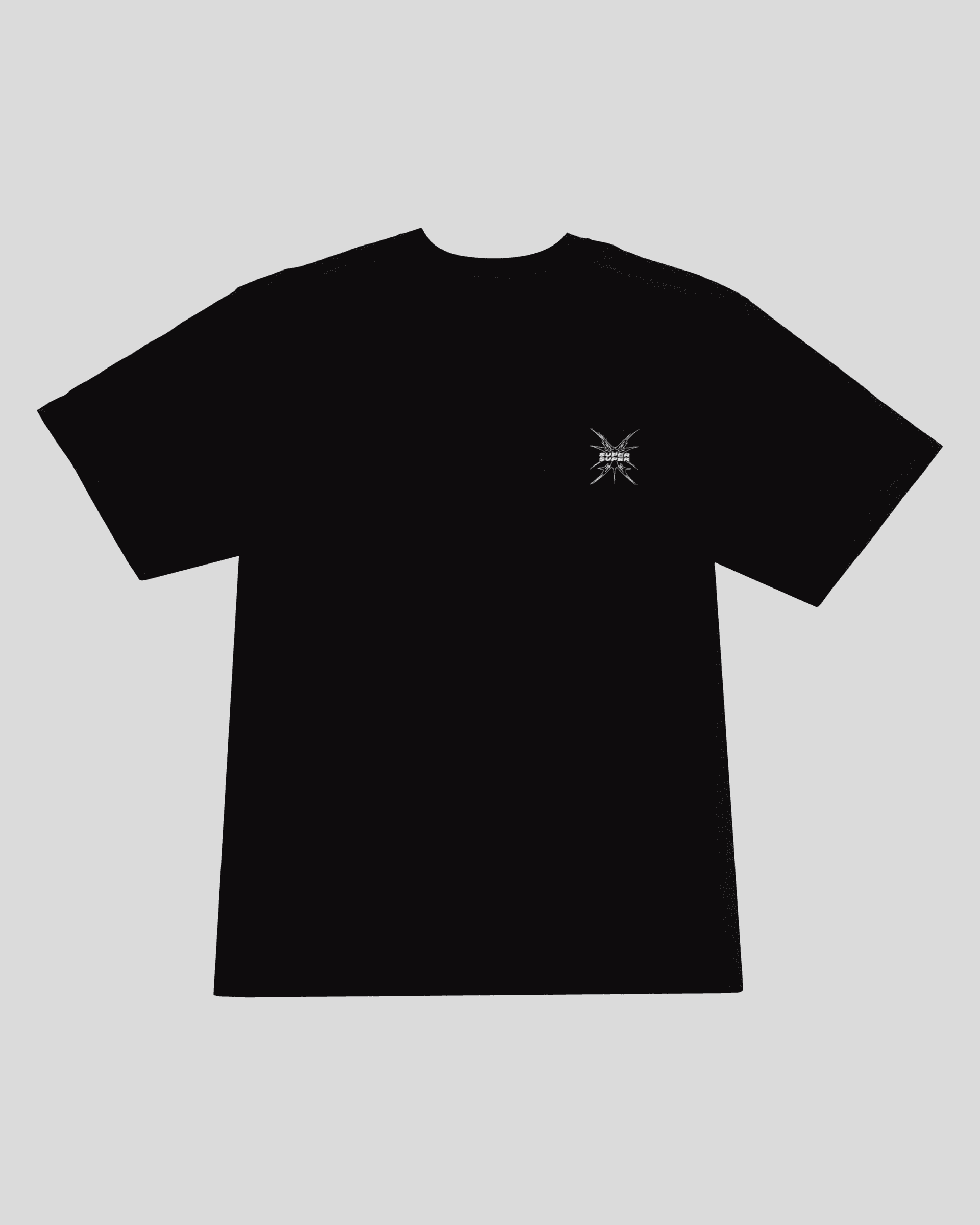 Front of the black tshirt with white Super Super design on the chest