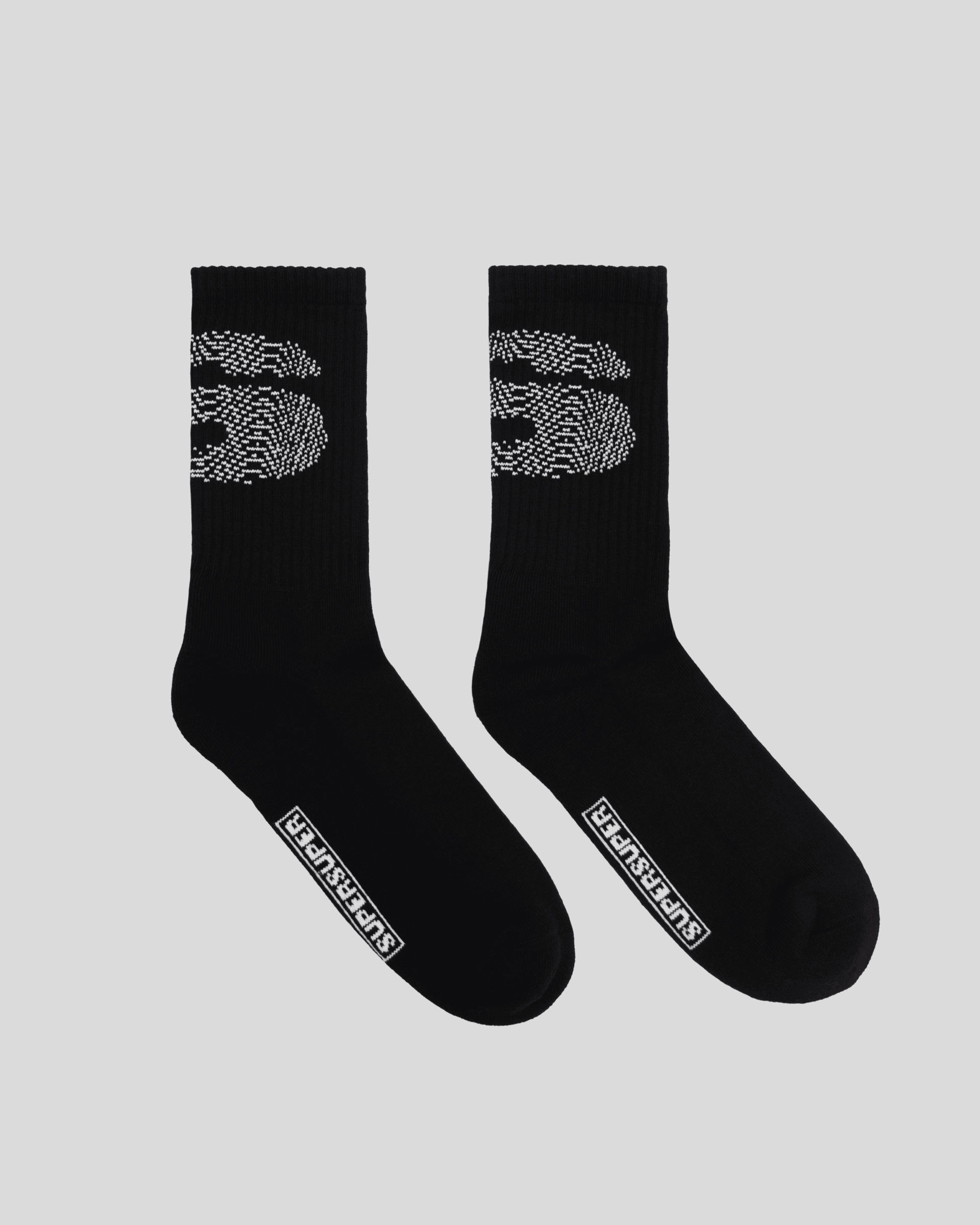 Black socks with white Super Super glyph