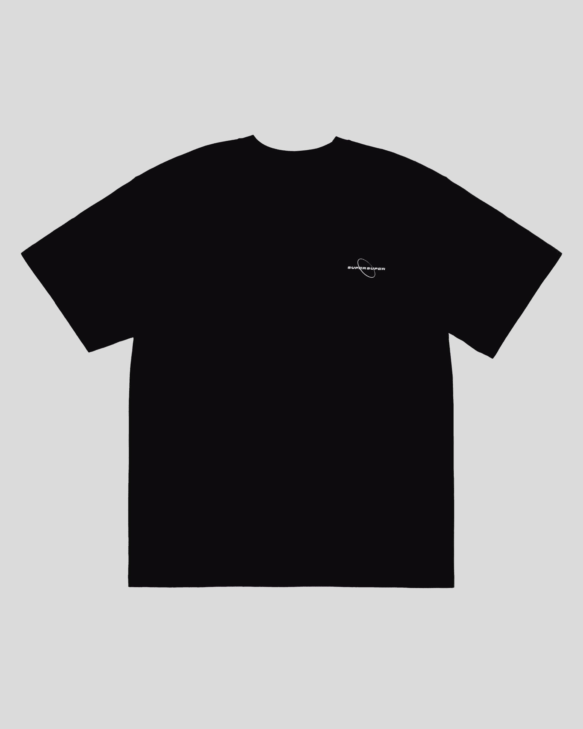 Front view of the black tshirt with white Super Super logo on the chest