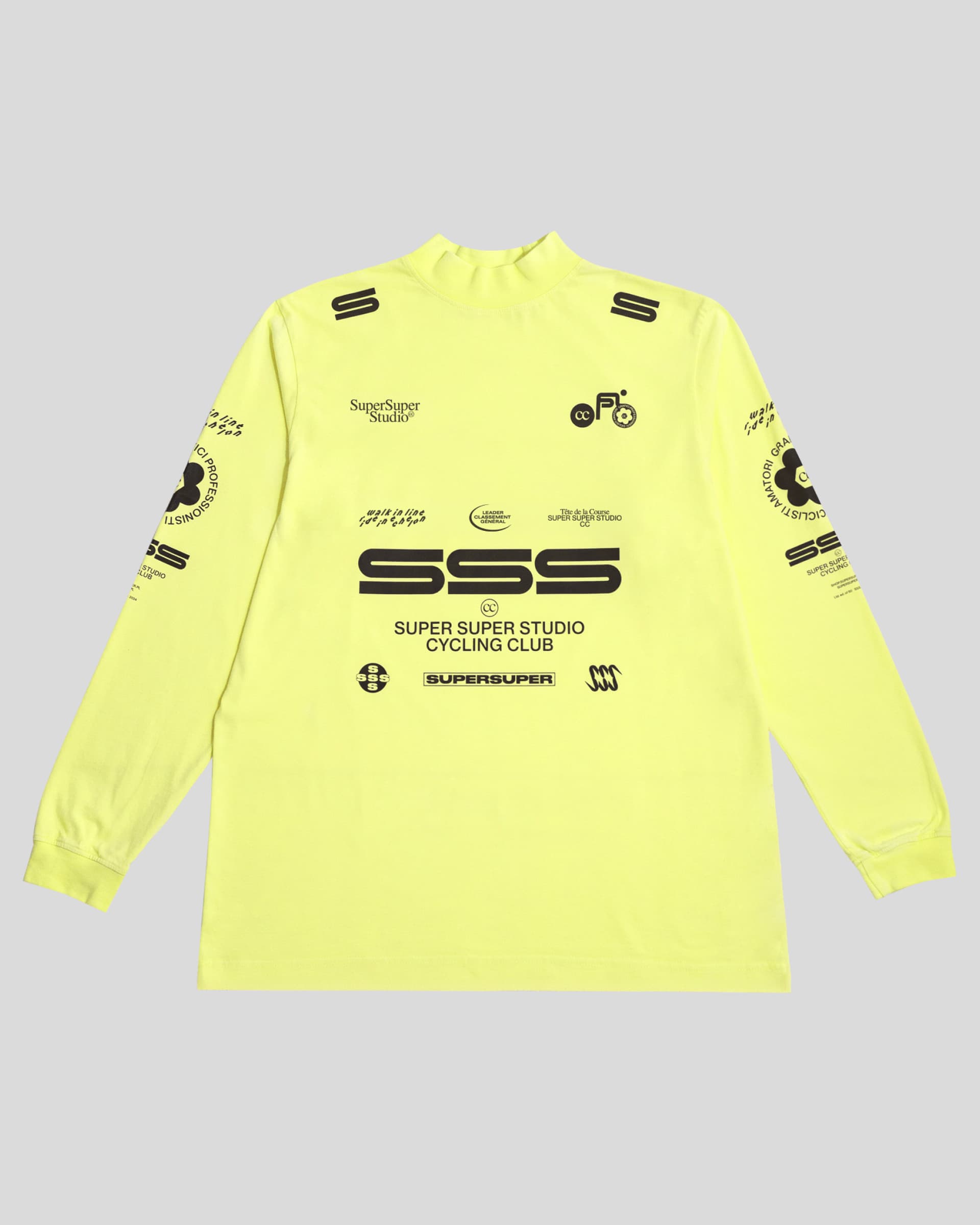 Yellow longsleeve with custom super super design print, front